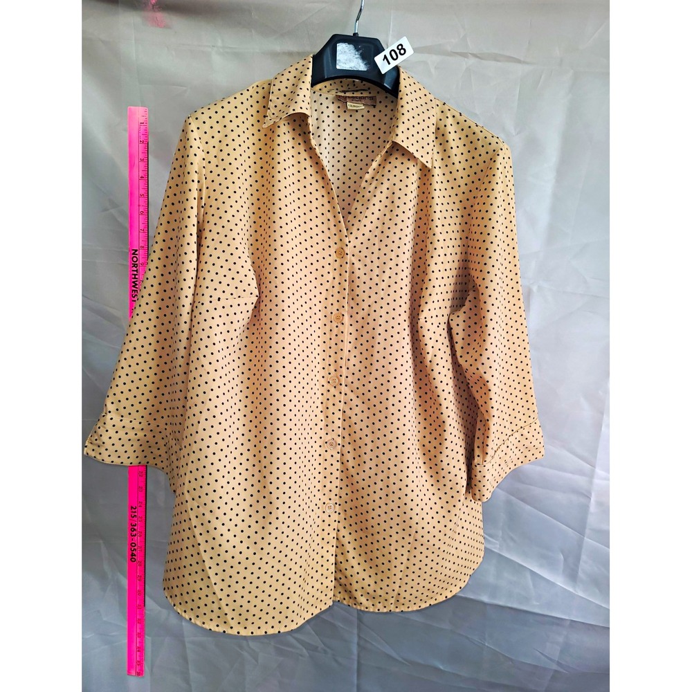 Notations Womens XL Beige/Black Polka Dot Button-Up Collared 3/4 Stretch Blouse